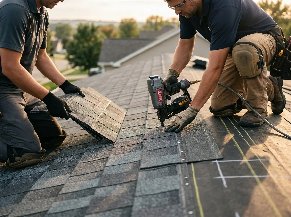 Professional roofer working on a residential roof in Corrales